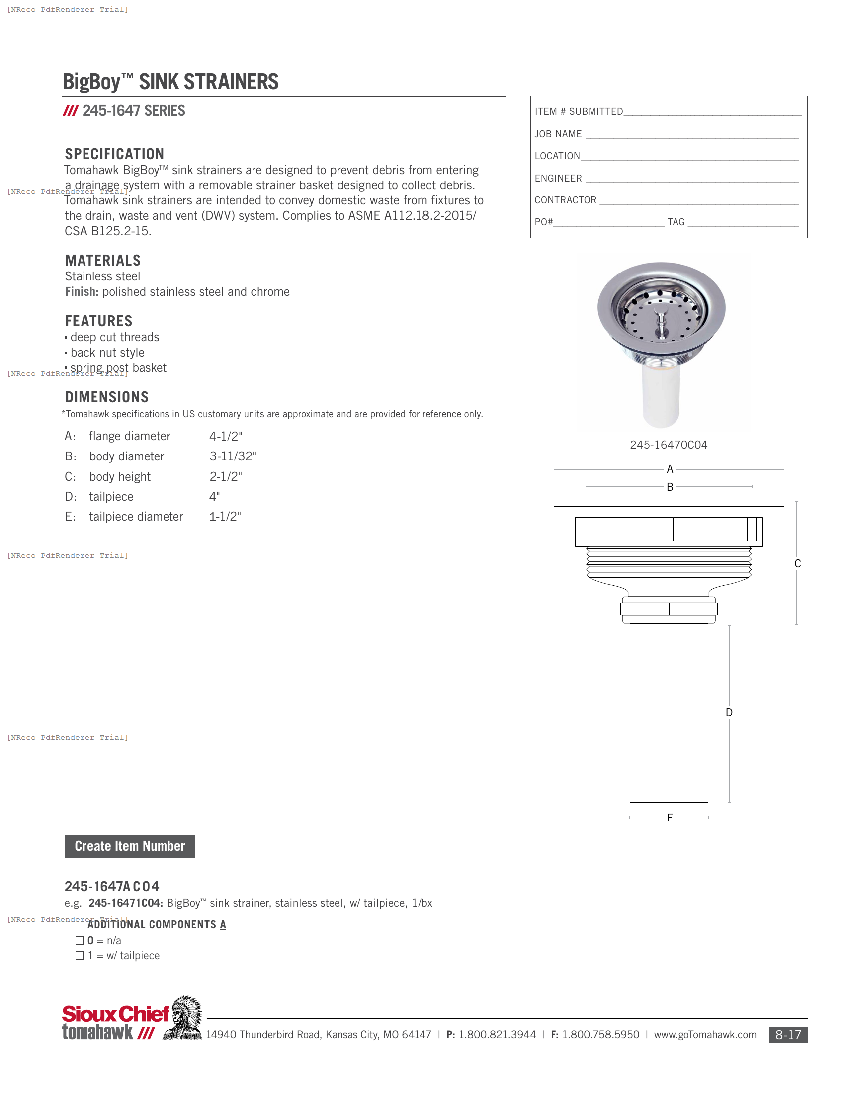 245-1647 SERIES - BIG BOY SINK STRAINER - SPEC SHEET.PDF Specification Document